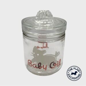 Vintage Clear Glass Baby Oil Jar with Kitty Design
